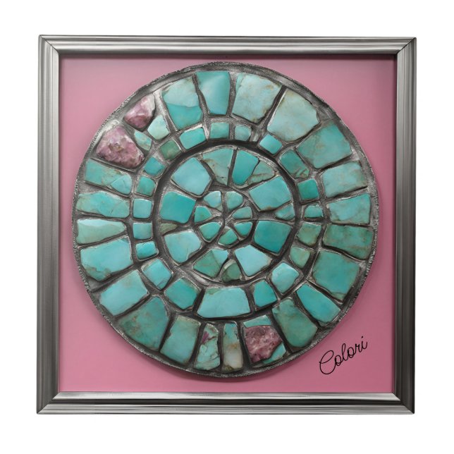 Abstract circle of turquoise and pink stones ceramic tile (Front)