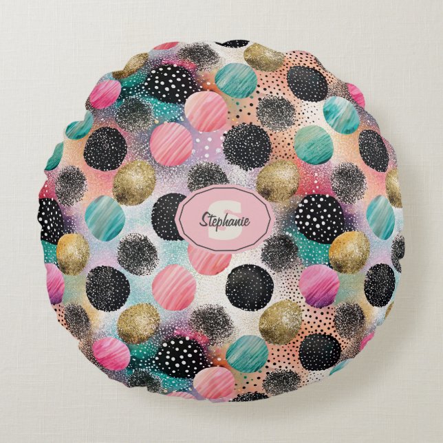 Abstract Circle Pattern -with Glitter & Speckles Round Cushion (Front)