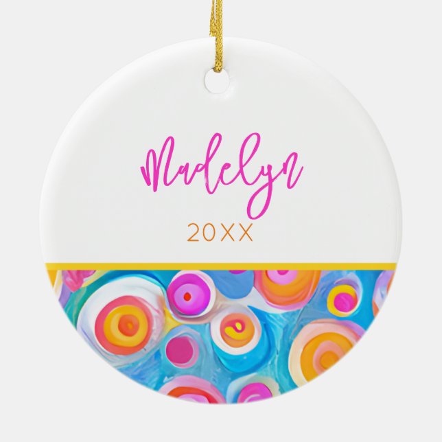 Abstract Circles Art NAME YEAR Modern Colourful Fu Ceramic Ornament (Back)