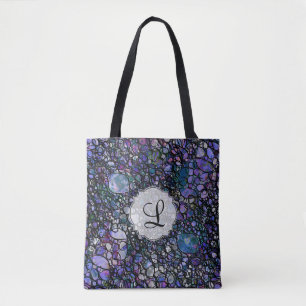 Abstract Circles in Blue Purple Black Monogram Tote Bag
