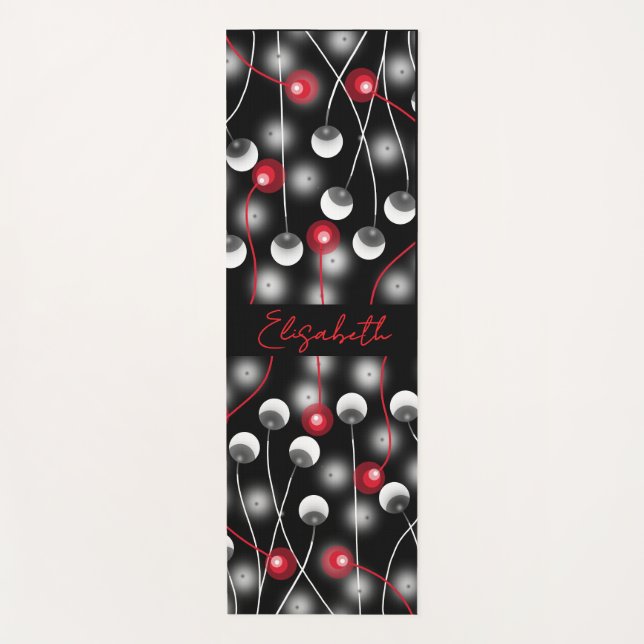 Abstract circles & lines black, red, white & name yoga mat (Front)