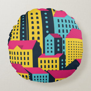 Abstract City Buildings Landscape Vintage Round Cushion