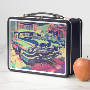 Abstract Classic Cars 1950s Metal Lunch Box