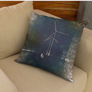 Abstract Climate Change Windmill Art Pillow Blue