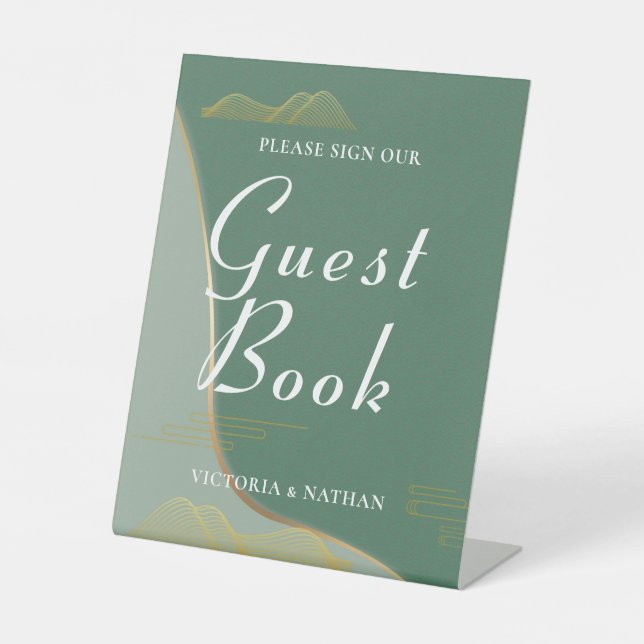 Abstract Cloud Pattern Gold Line Guestbook Pedestal Sign (Front)