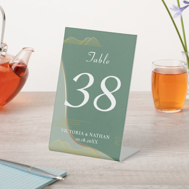 Abstract Cloud Pattern Gold Line Table Number Pedestal Sign (In SItu)