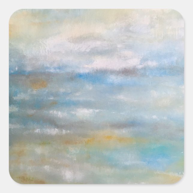 Abstract Coastal Beach Ocean Clouds Painting Square Sticker (Front)
