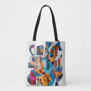 Abstract collage of music instruments tote bag
