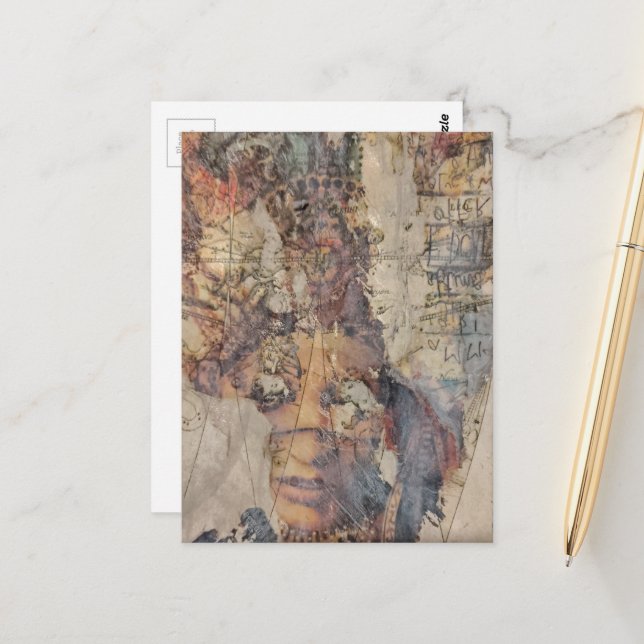 abstract collage with face mixed media postcard (Front/Back In Situ)