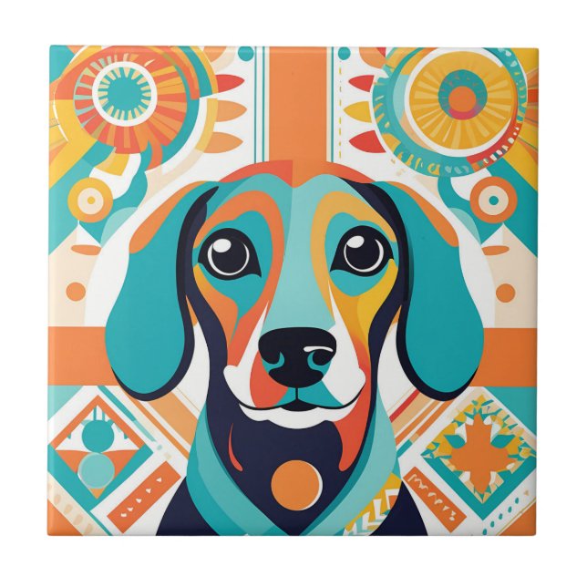 Abstract coloful dachshund art ceramic tile (Front)