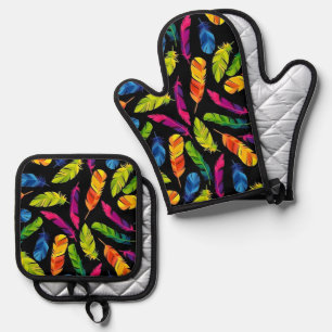 Abstract colorful feather explosion oven mitt & pot holder set