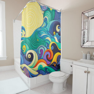 Abstract Colorful Sun Waves Line Art Illustration Shower Curtain