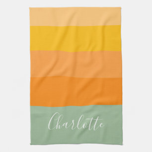 Abstract Colour Block Stripes Orange Mint Name Tea Towel