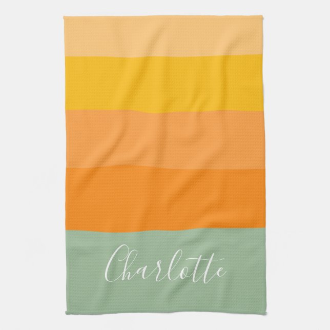 Abstract Colour Block Stripes Orange Mint Name  Tea Towel (Vertical)