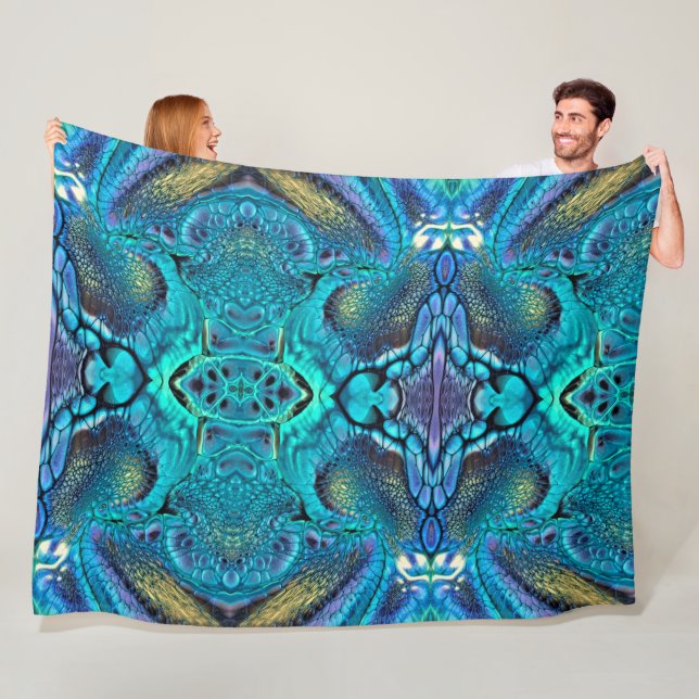 Abstract Colour Explosion Aqua Blue Gold Fleece Blanket (In Situ)