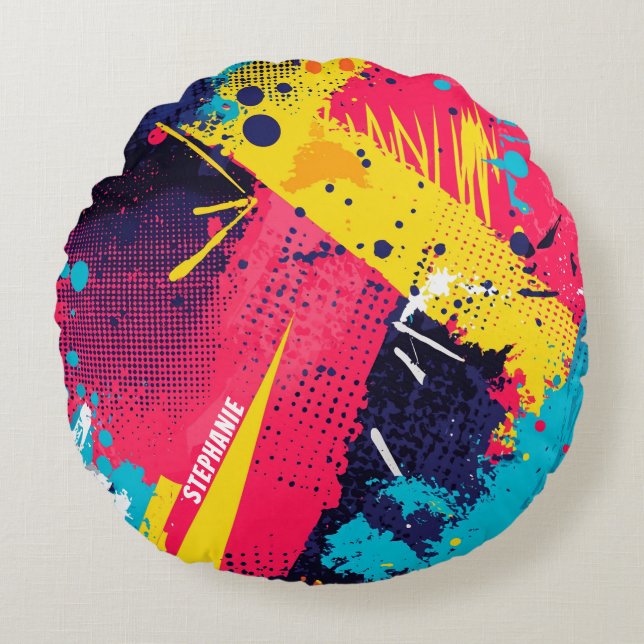 Abstract Colour Splash in Retro Comic Style (2) Round Cushion (Front)