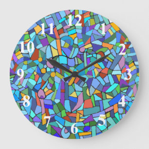Abstract Colourful Blue Mosaic Pattern Large Clock