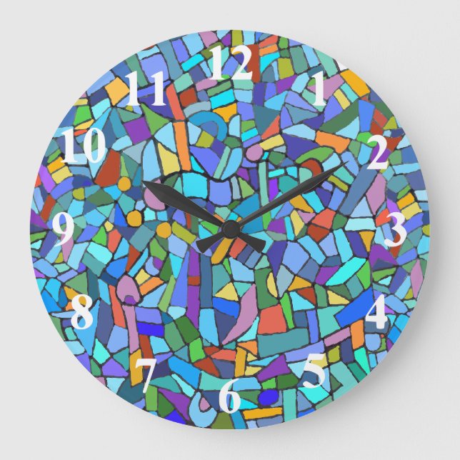 Abstract Colourful Blue Mosaic Pattern Large Clock (Front)