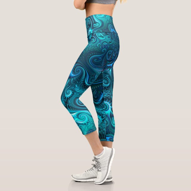 Abstract Colourful Blue & Teal Spiral Pattern  Capri Leggings (Left)