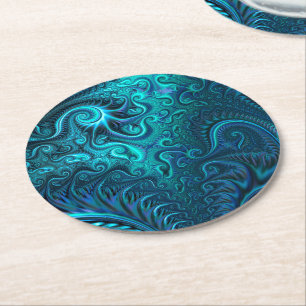 Abstract Colourful Blue & Teal Spiral Pattern Round Paper Coaster