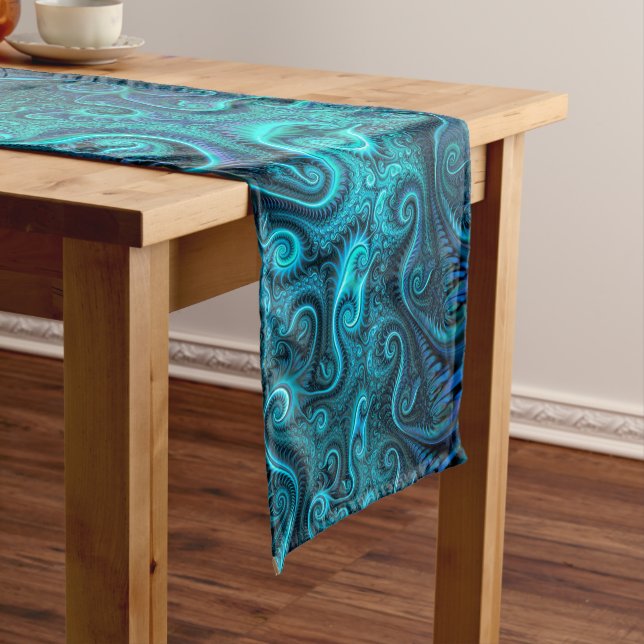 Abstract Colourful Blue & Teal Spiral Pattern Short Table Runner (In Situ)