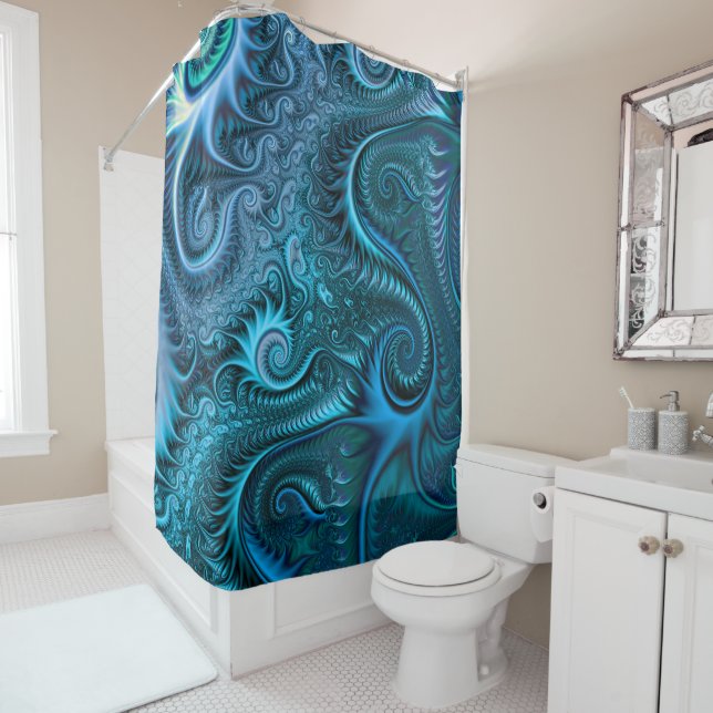 Abstract Colourful Blue & Teal Spiral Pattern  Shower Curtain (In Situ)