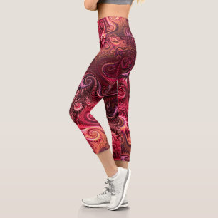Abstract Colourful Burgundy Carmine Spiral Pattern Capri Leggings
