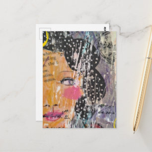 abstract colourful collage with face postcard