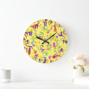 Abstract Colourful Confetti Toss Over Yellow Large Clock