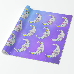 Abstract Colourful Crescent Moons Faces Stars Sky Wrapping Paper