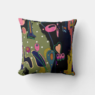 Abstract, colourful doodles, lines, polka dots cushion