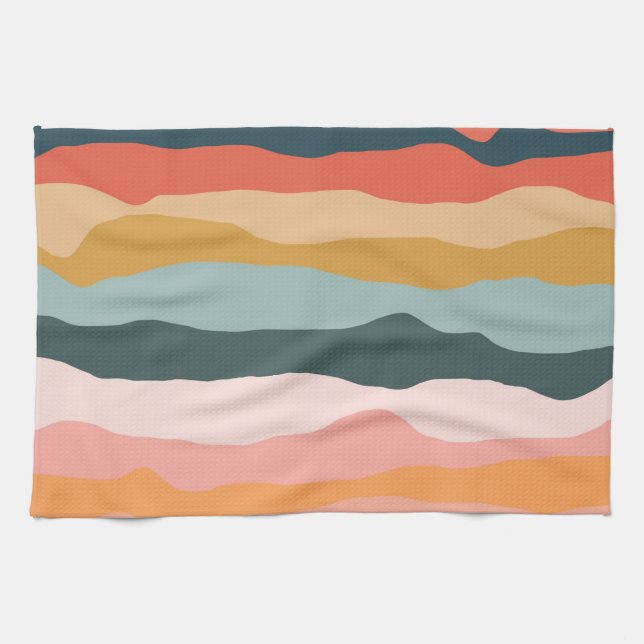 Abstract Colourful Earthy Coral Stripe Pattern Tea Towel (Horizontal)