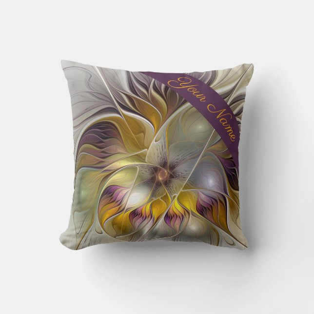 Abstract Colourful Fantasy Flower Fractal Name Cushion (Front)