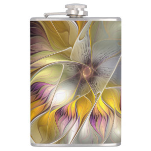Abstract Colourful Fantasy Flower Modern Fractal Hip Flask