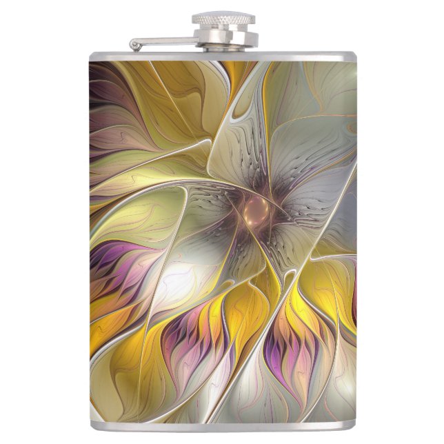 Abstract Colourful Fantasy Flower Modern Fractal Hip Flask (Front)