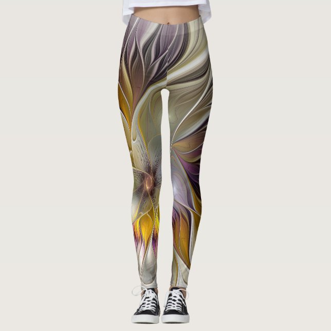 Abstract Colourful Fantasy Flower Modern Fractal Leggings (Front)