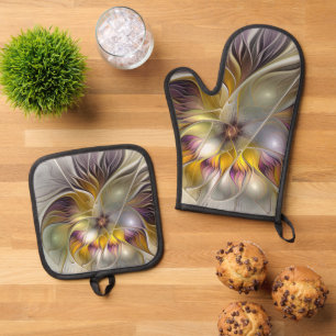 Abstract Colourful Fantasy Flower Modern Fractal Oven Mitt & Pot Holder Set