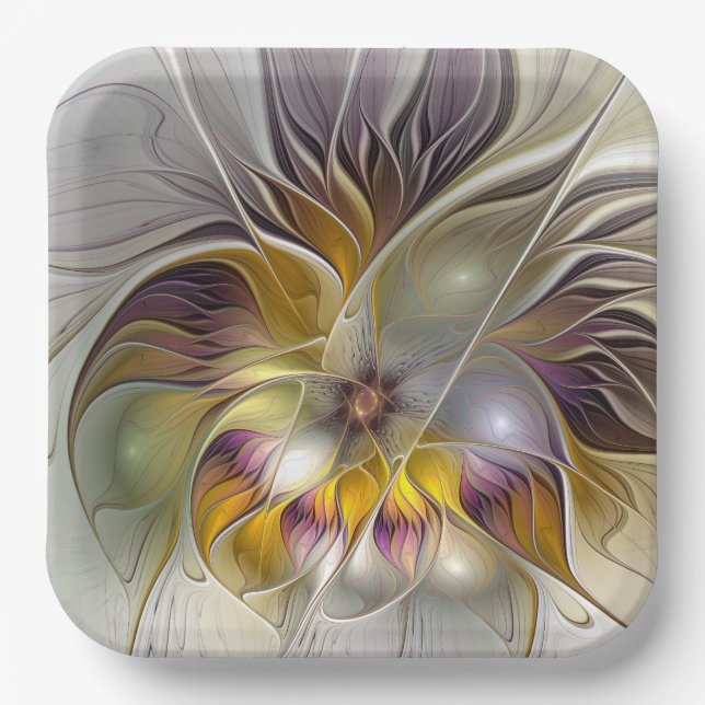 Abstract Colourful Fantasy Flower Modern Fractal Paper Plate (Front)