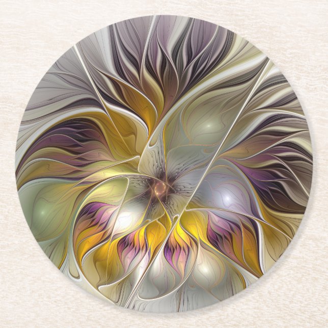 Abstract Colourful Fantasy Flower Modern Fractal Round Paper Coaster (Front)