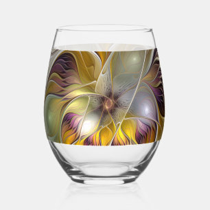 Abstract Colourful Fantasy Flower Modern Fractal Stemless Wine Glass