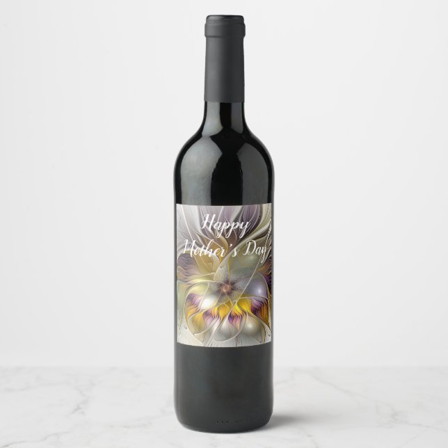 Abstract Colourful Fantasy Flower Modern Fractal Wine Label (Front)