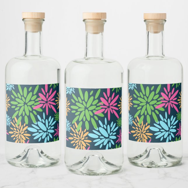 Abstract Colourful Fireworks Flowers Label Set (Bottles)