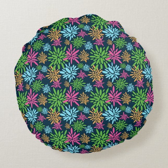 Abstract Colourful Fireworks Flowers Round Pillow (Back)