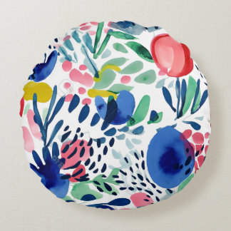 Abstract Colourful Flowers and Leaves Round Cushion