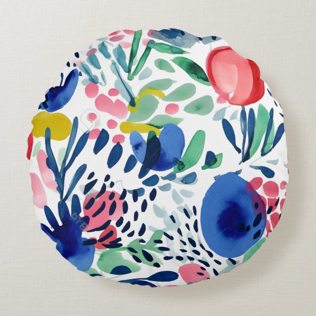  Abstract Colourful Flowers and Leaves Round Cushion (Front)