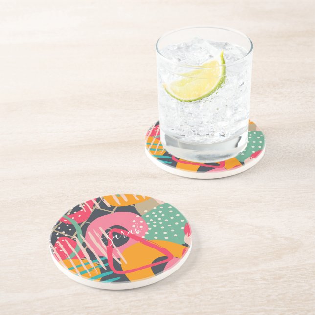 Abstract Colourful Geometric Monogram Name Design Coaster (Side)
