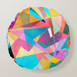 Abstract Colourful Geometric Watercolor Background Round Cushion
