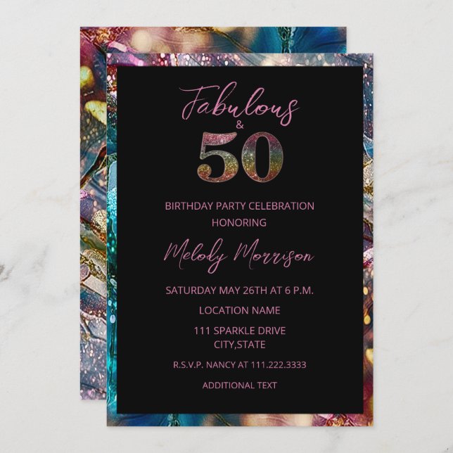 Abstract Colourful Glitter 50th Birthday Invitation (Front/Back)