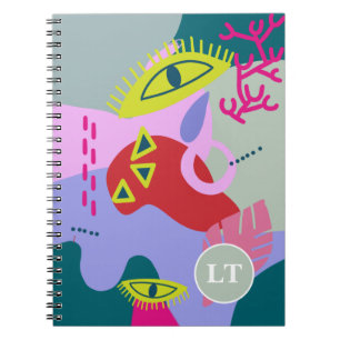 Abstract colourful green red eyes trendy monogram notebook