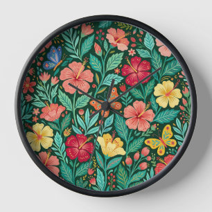 Abstract Colourful Hibiscus Butterflies Art Clocks